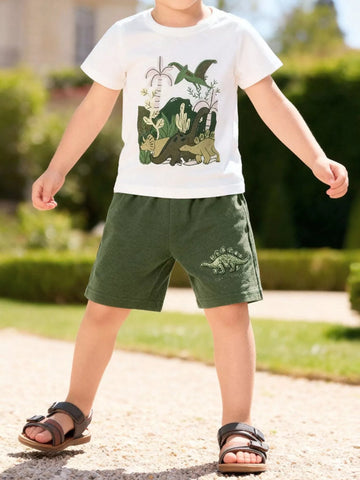 Children's army green graphic T-shirt and shorts set from Trendsi, featuring a playful design for kids aged 2 years.