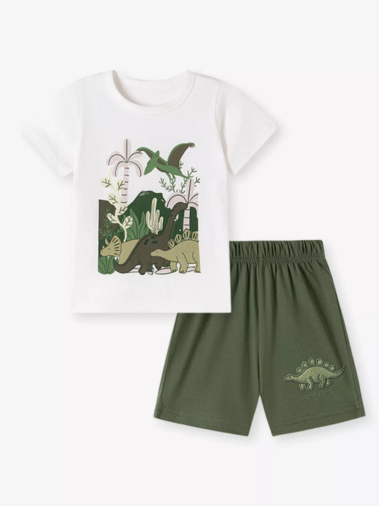 Children's army green graphic T-shirt and shorts set by Trendsi, featuring playful designs and comfortable fit for kids.