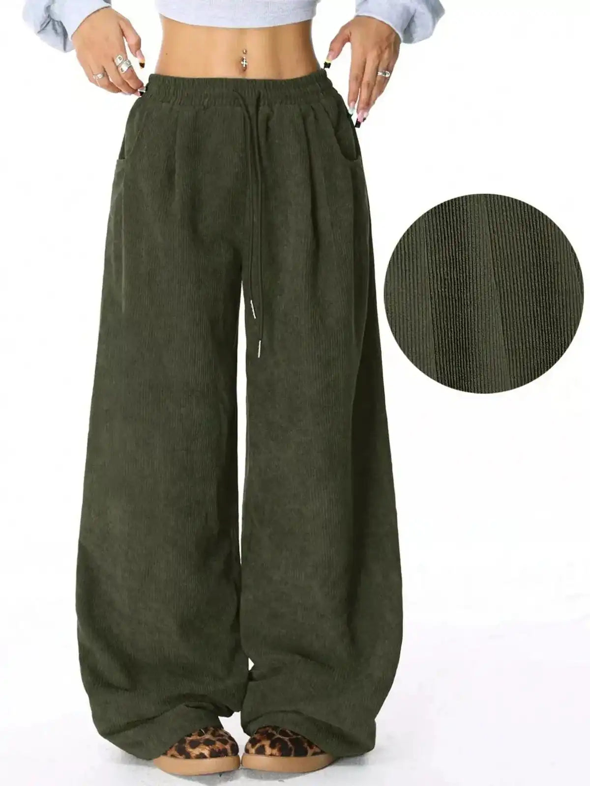 Blue casual corduroy wide-leg pants by Trendsi, front view showing relaxed fit and high-waisted style.