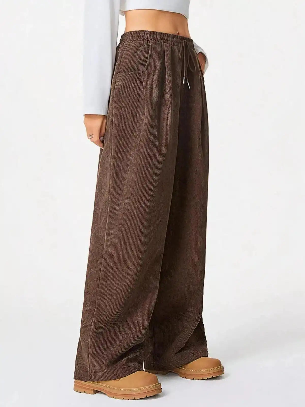 Blue casual corduroy wide-leg pants from Trendsi, featuring a relaxed fit and comfortable high-waisted design.