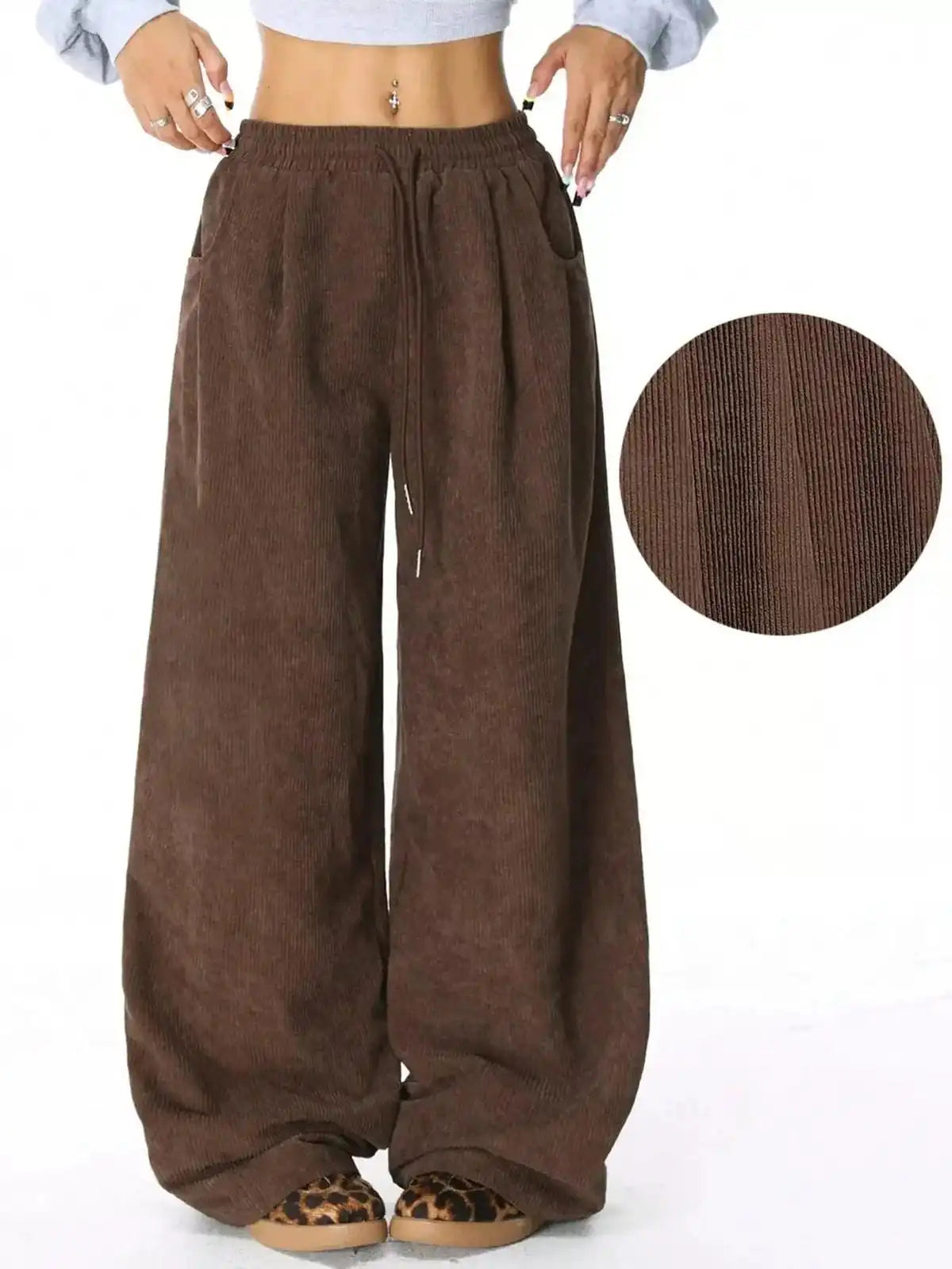 Blue casual corduroy wide leg pants by Trendsi, featuring a relaxed fit and comfortable high-waist design.