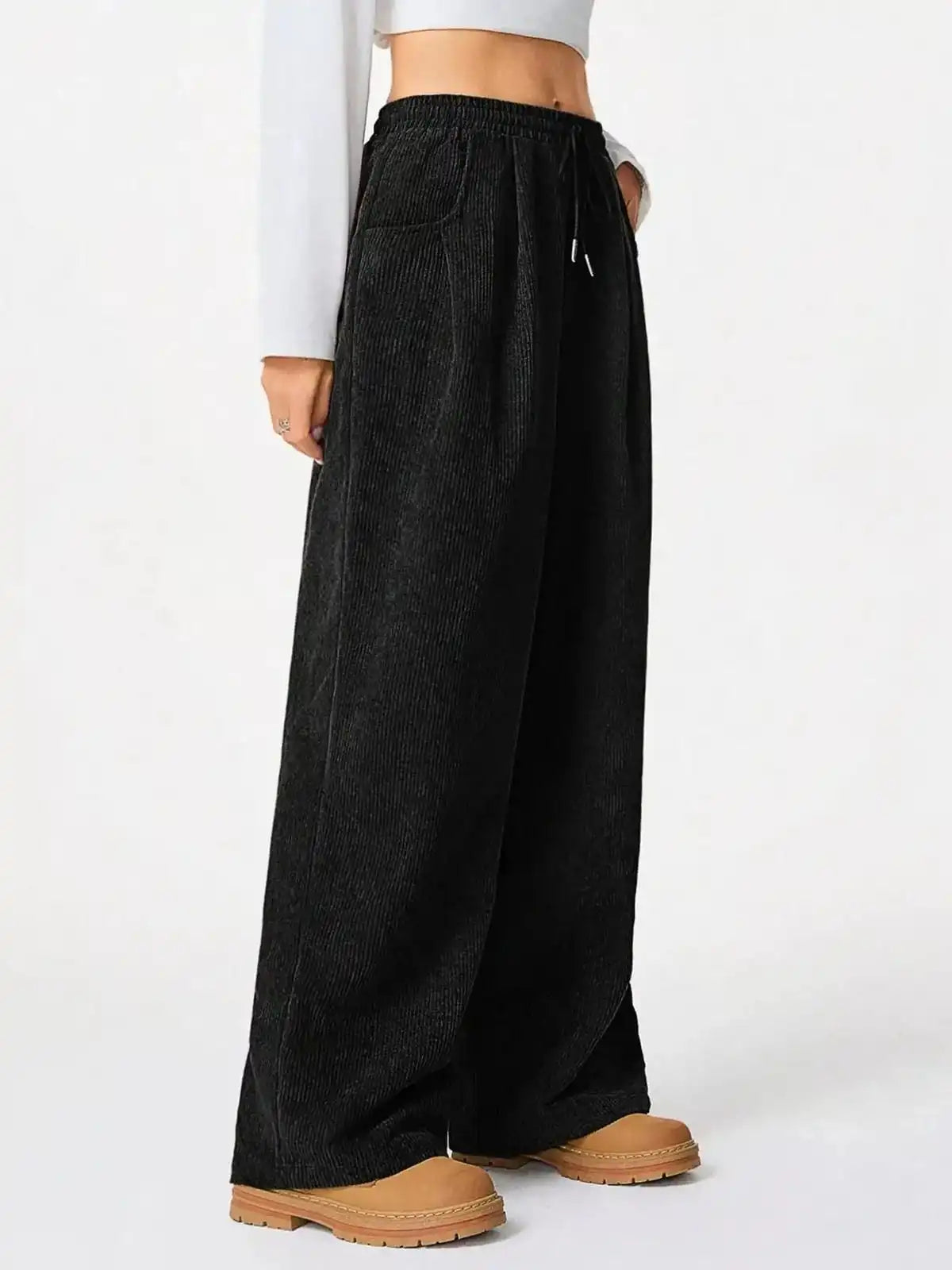 Blue casual corduroy wide-leg pants from Trendsi, featuring a relaxed fit and stylish design.