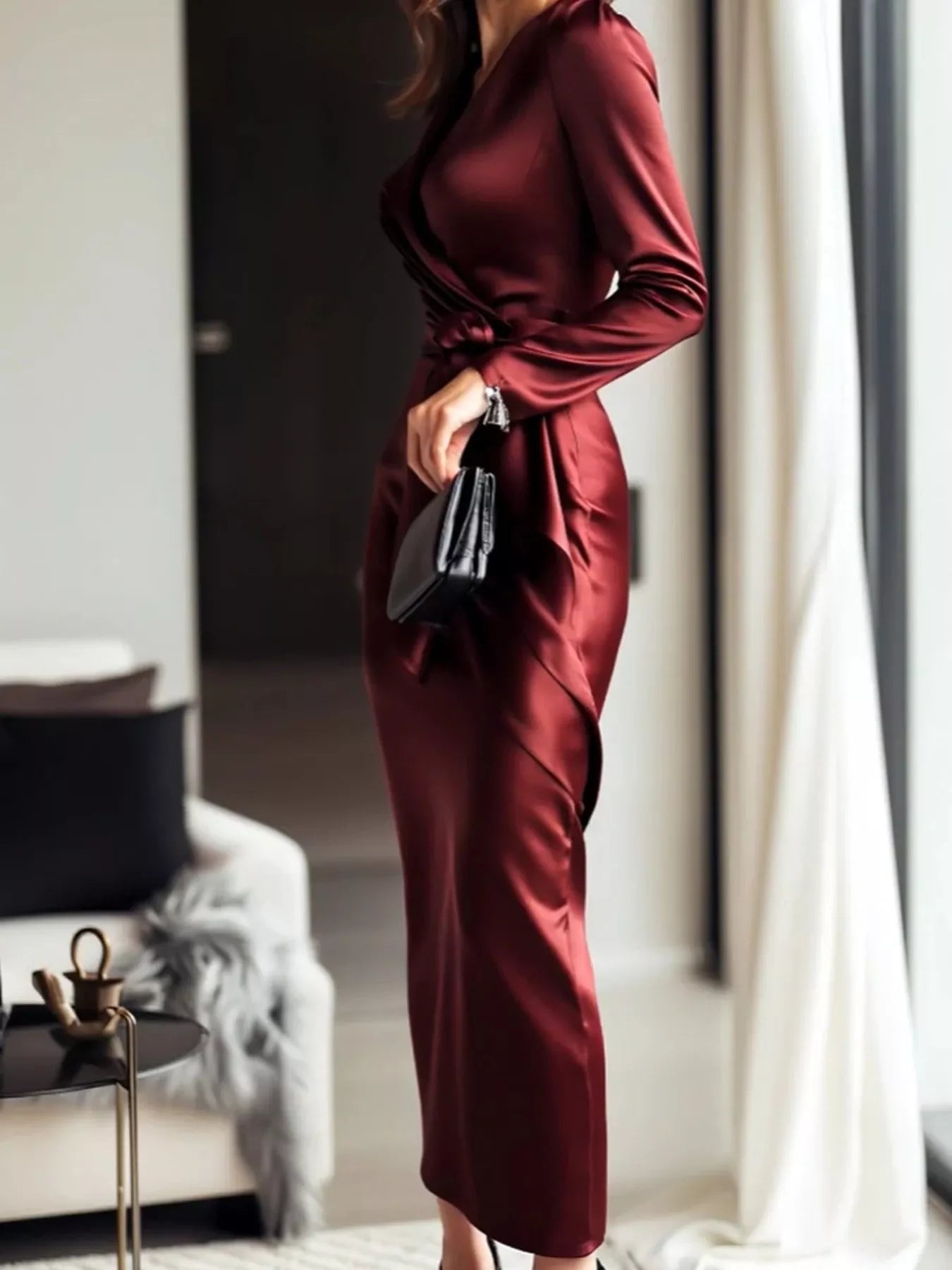Burgundy satin wrap long sleeve midi dress by Trendsi, featuring a fitted silhouette and elegant design.