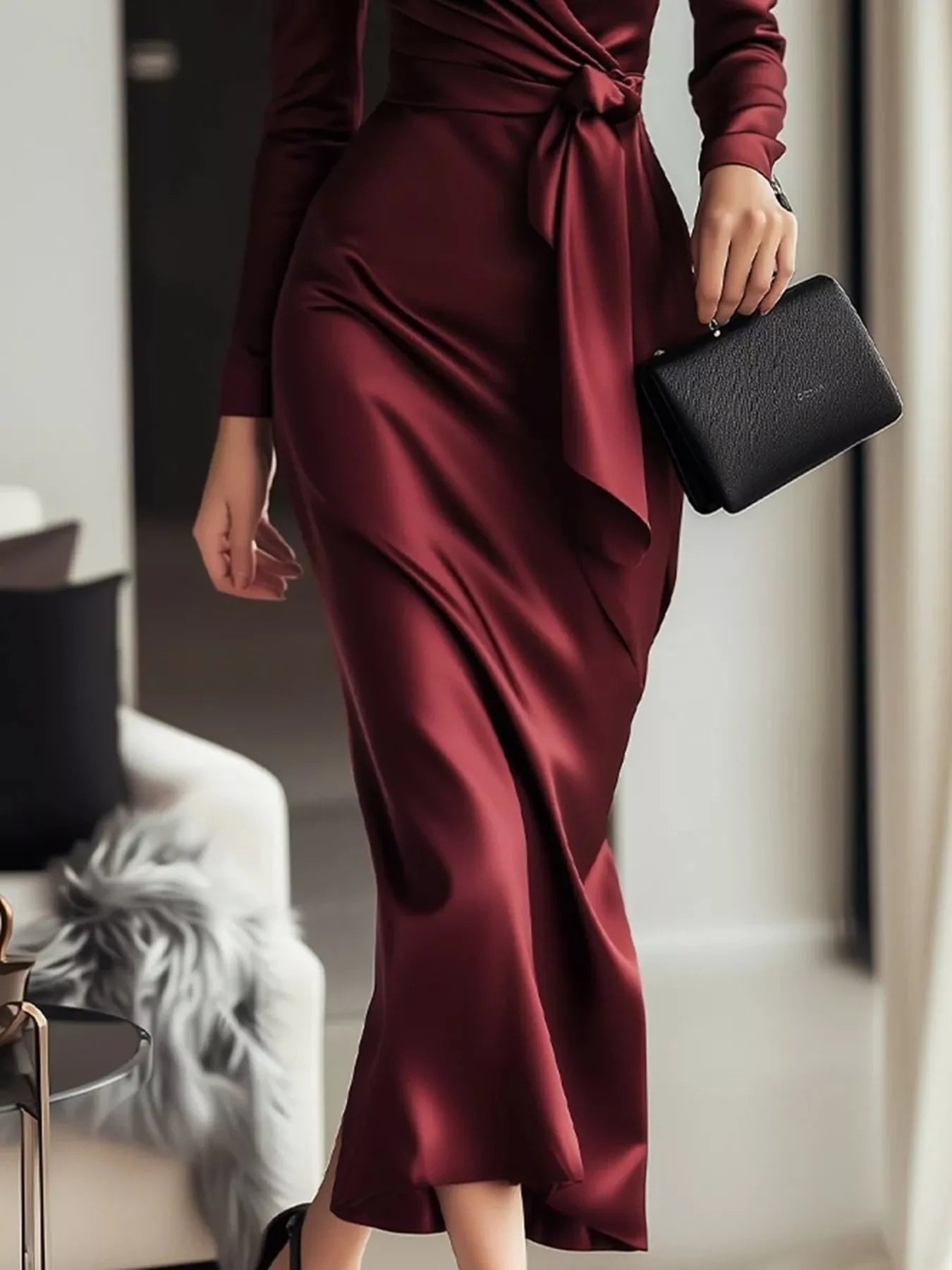 Burgundy satin wrap long sleeve midi dress from Trendsi, featuring a sleek design and elegant fit.