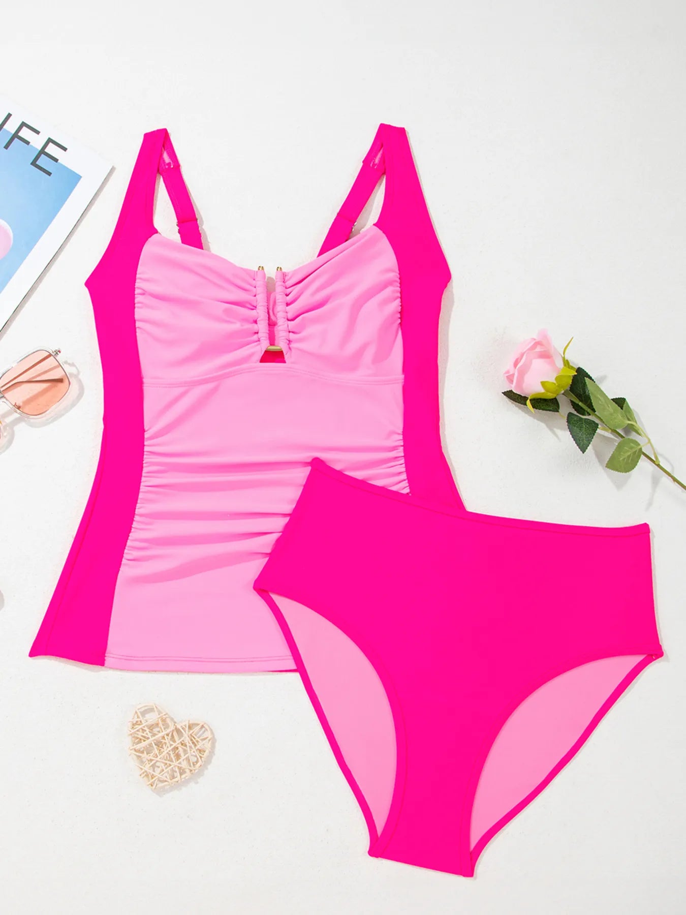 Fuchsia pink ruched tummy control tankini 2-piece swimsuit by Trendsi, featuring adjustable straps and supportive design.