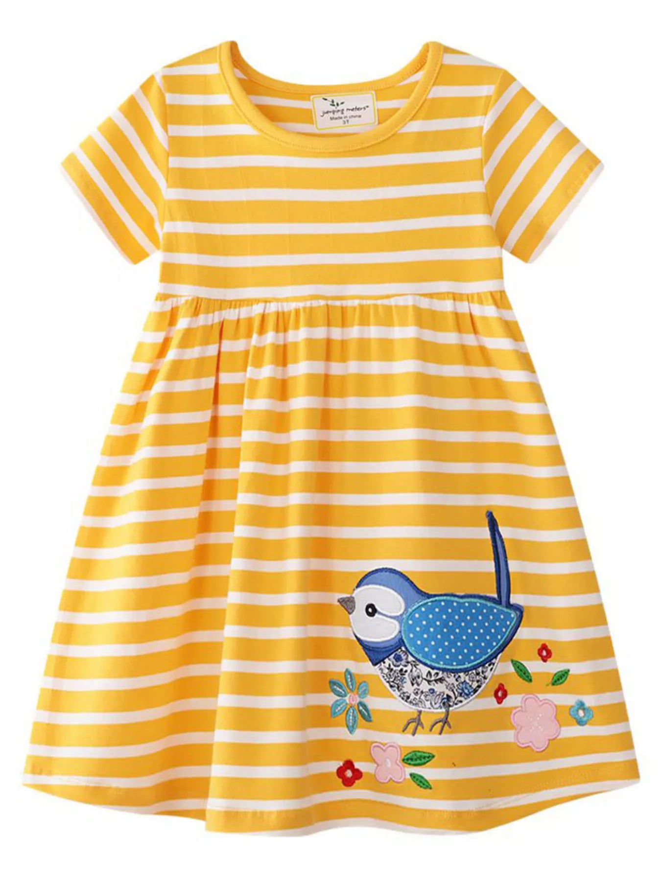 Children's casual dress with colorful stripes and embroidered bird, designed for toddlers by Trendsi.