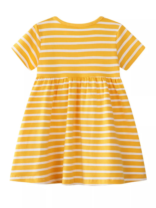 Children's casual dress by Trendsi featuring colorful stripes and embroidered bird design, perfect for everyday wear.