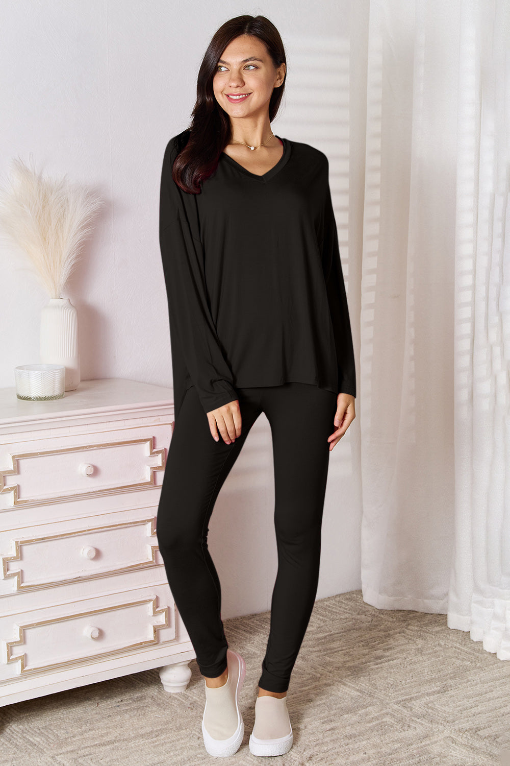 Trendsi basic Bae pink long sleeve V-neck rayon lounge set with matching pants, soft and comfortable for relaxed wear.