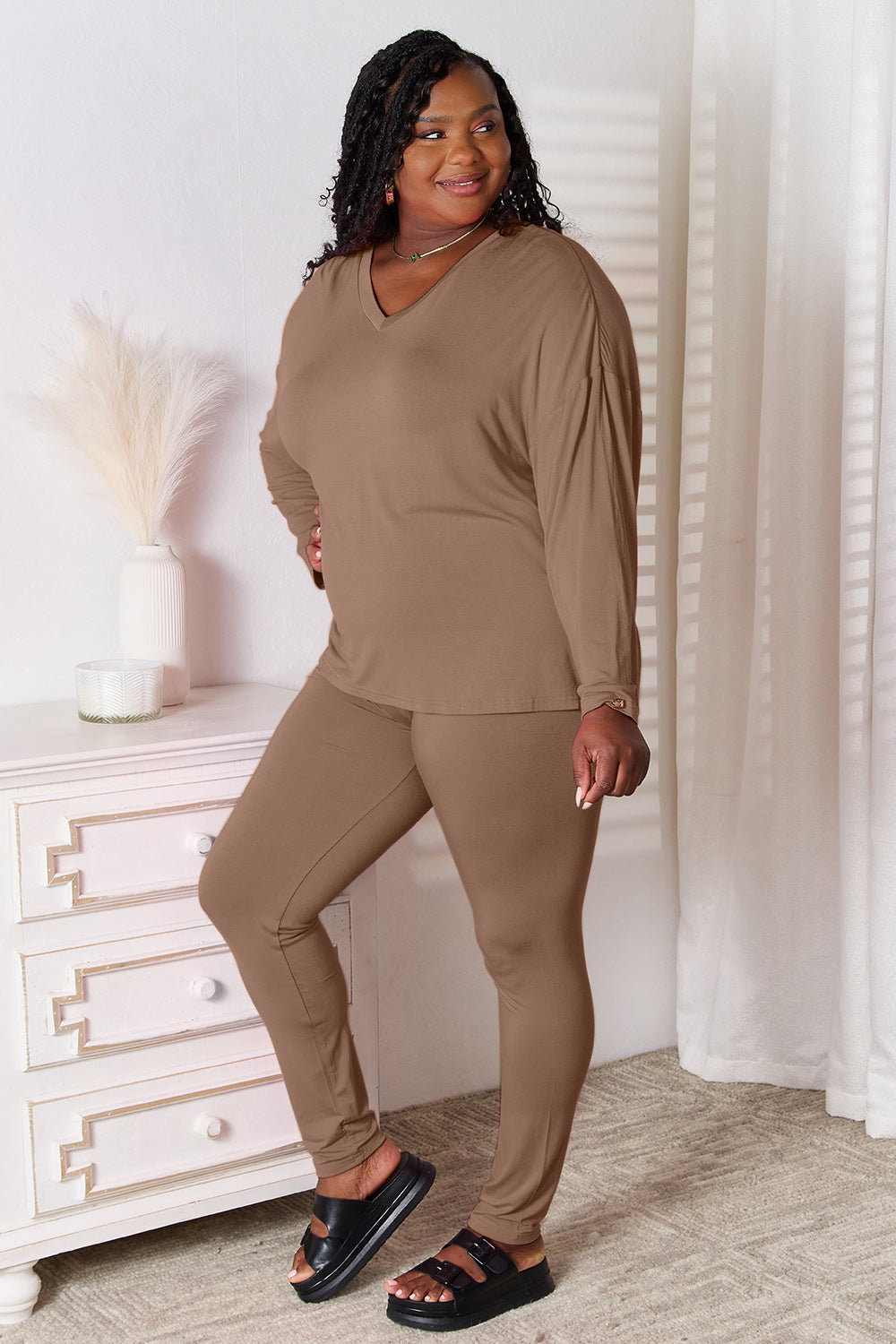 Trendsi hot pink Basic Bae lounge set with V-neck long sleeve top and matching soft rayon pants, comfortable and stylish.