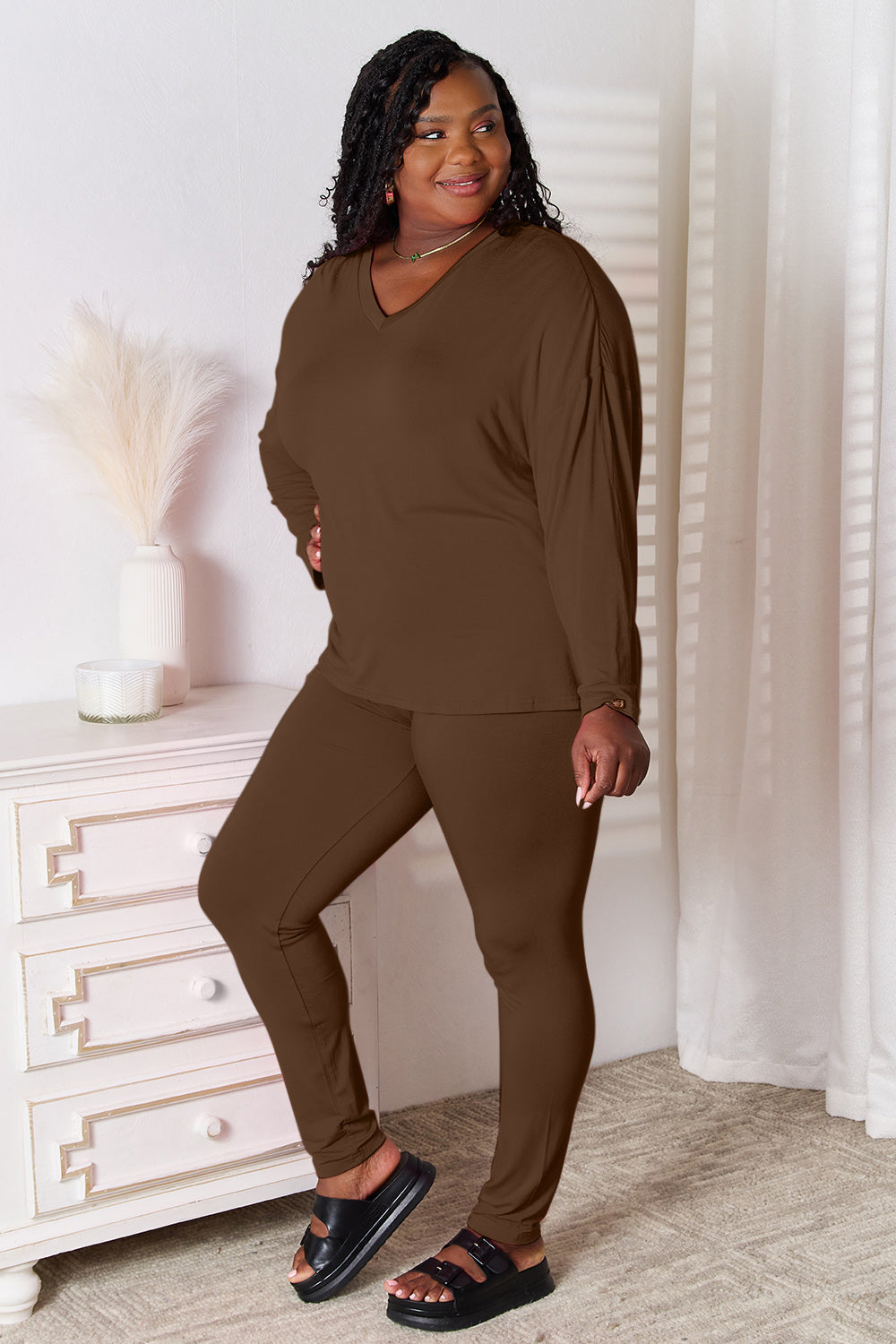 Trendsi Basic Bae pink lounge set with V-neck soft rayon long sleeve top and matching pants for comfortable wear.
