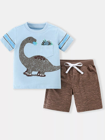 Light blue children's dinosaur round neck top and shorts set by Trendsi, perfect for casual wear for 3-year-olds.